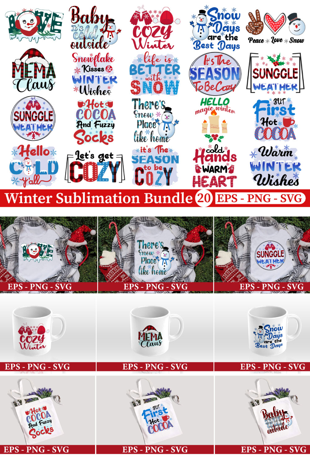 Winter Sublimation Bundle 20 Designs pinterest preview image.