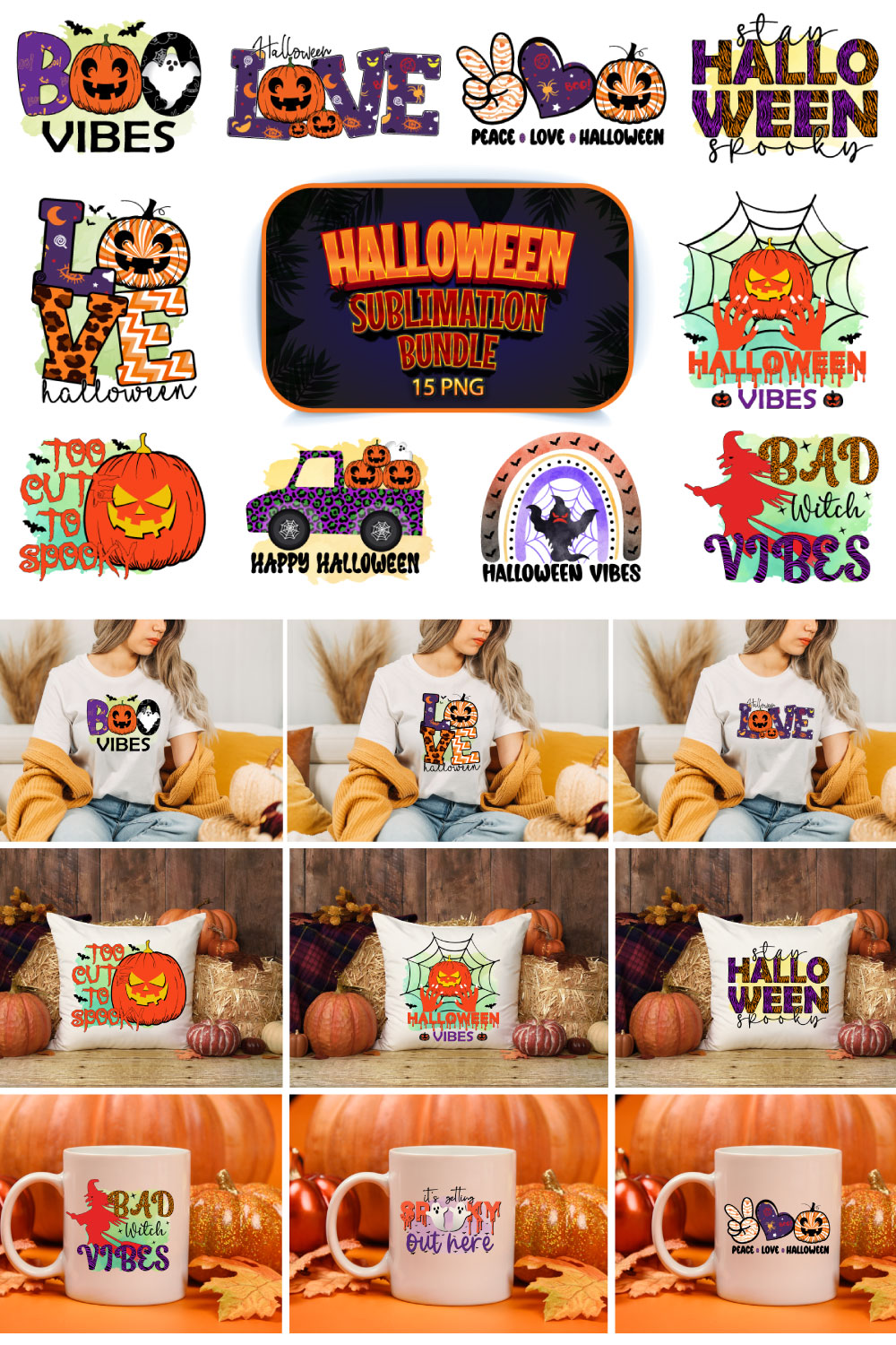 Halloween Sublimation Bundle 15 PNG pinterest preview image.