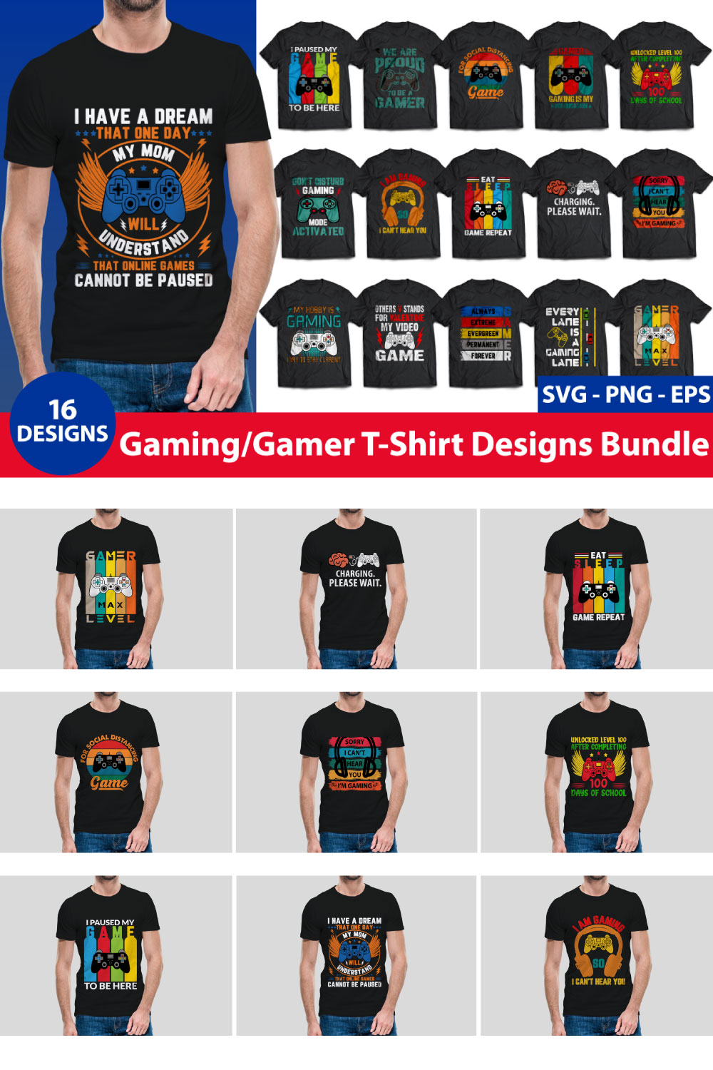 Gaming T-Shirt Design Bundle 16 Design pinterest preview image.