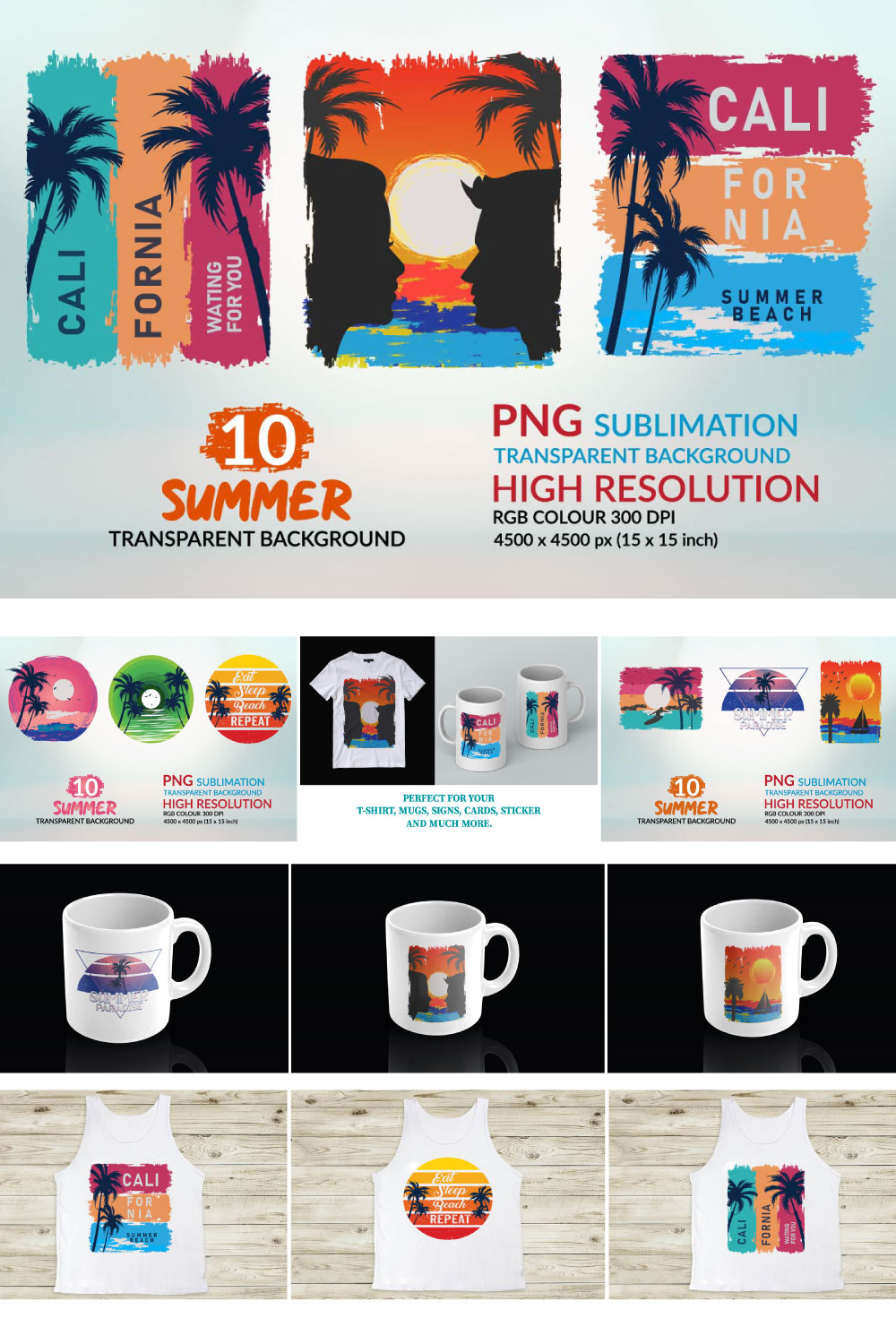Beach Sunset PNG Colorful Background/Beach T-Shirt Design pinterest preview image.