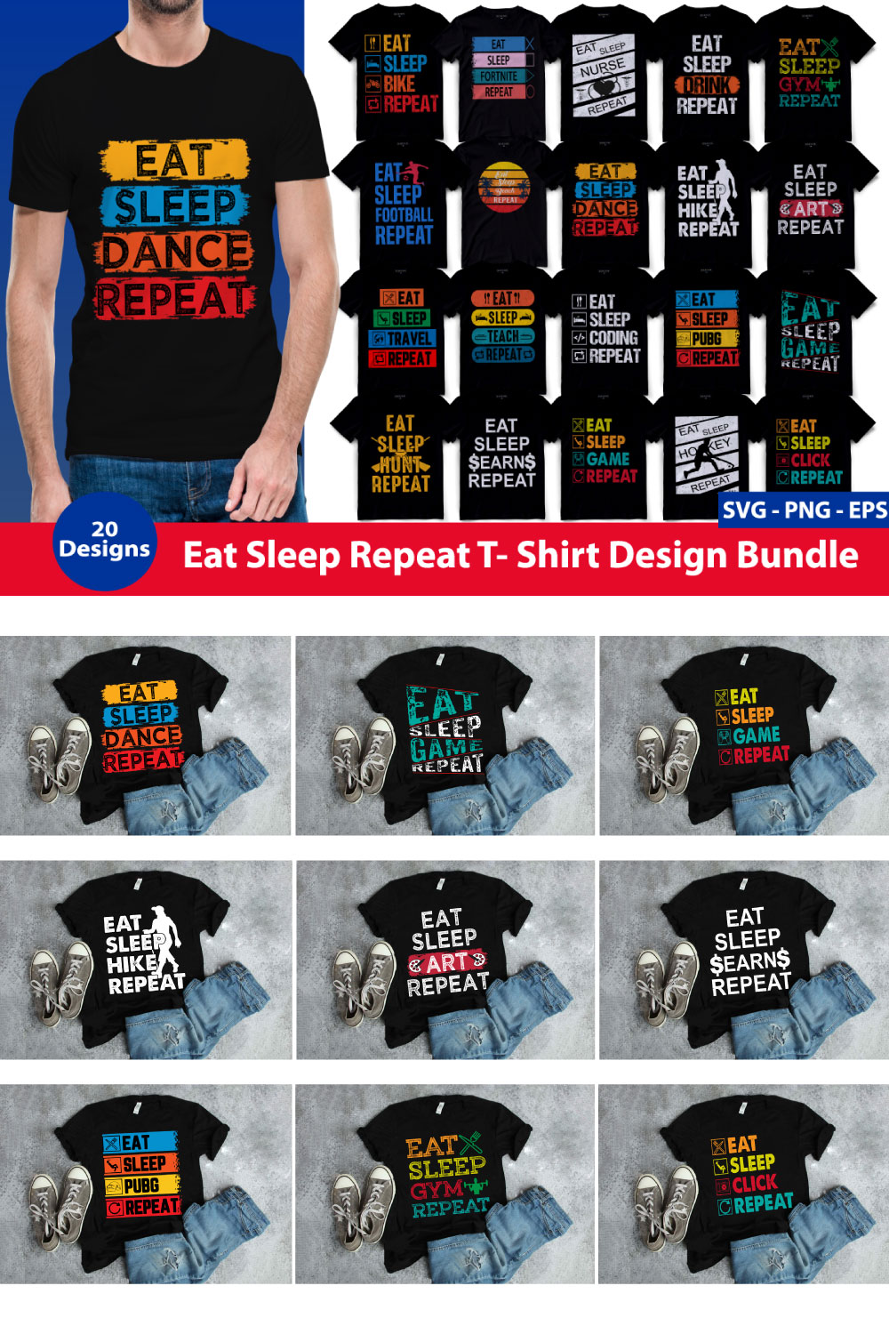 Eat Sleep Repeat T-shirt Bundle 20 Designs pinterest preview image.