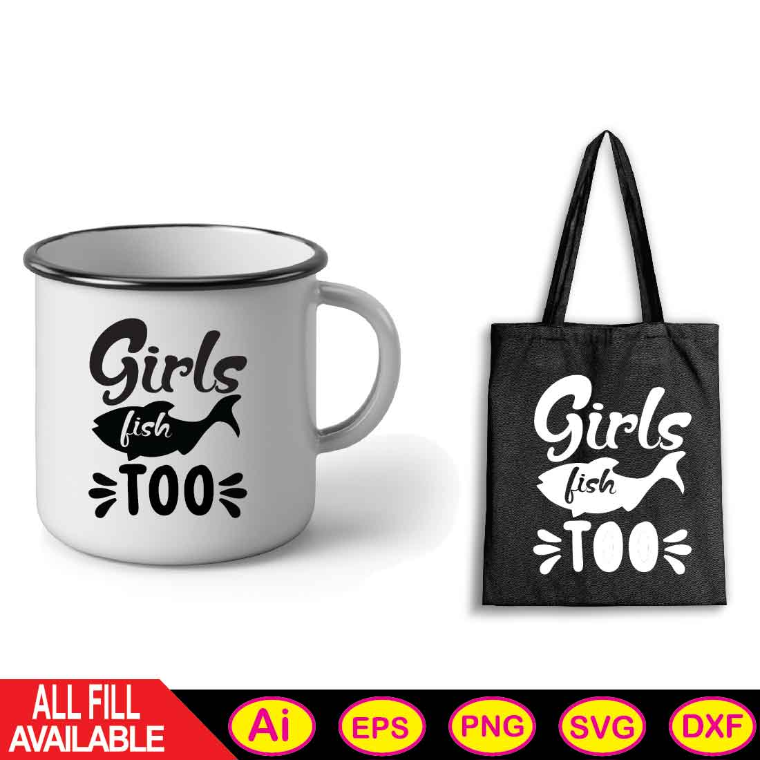 A white and black coffee mug with a black bag next to it.