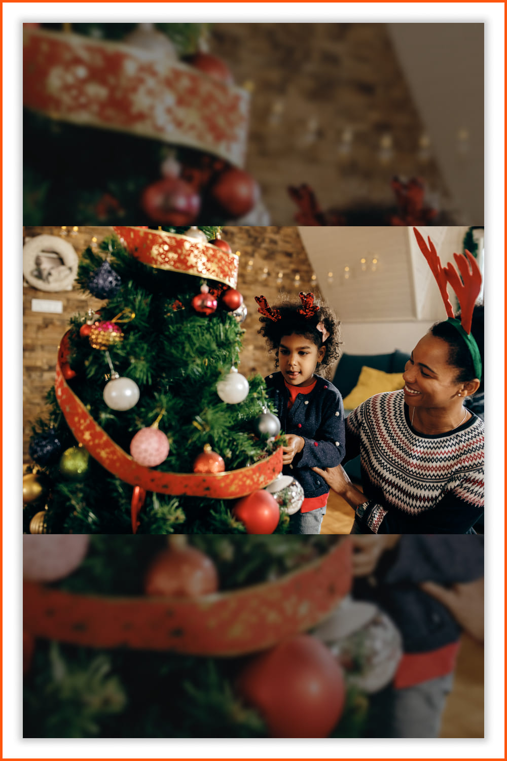 African American woman together with her child decorating the Christmas tree.
