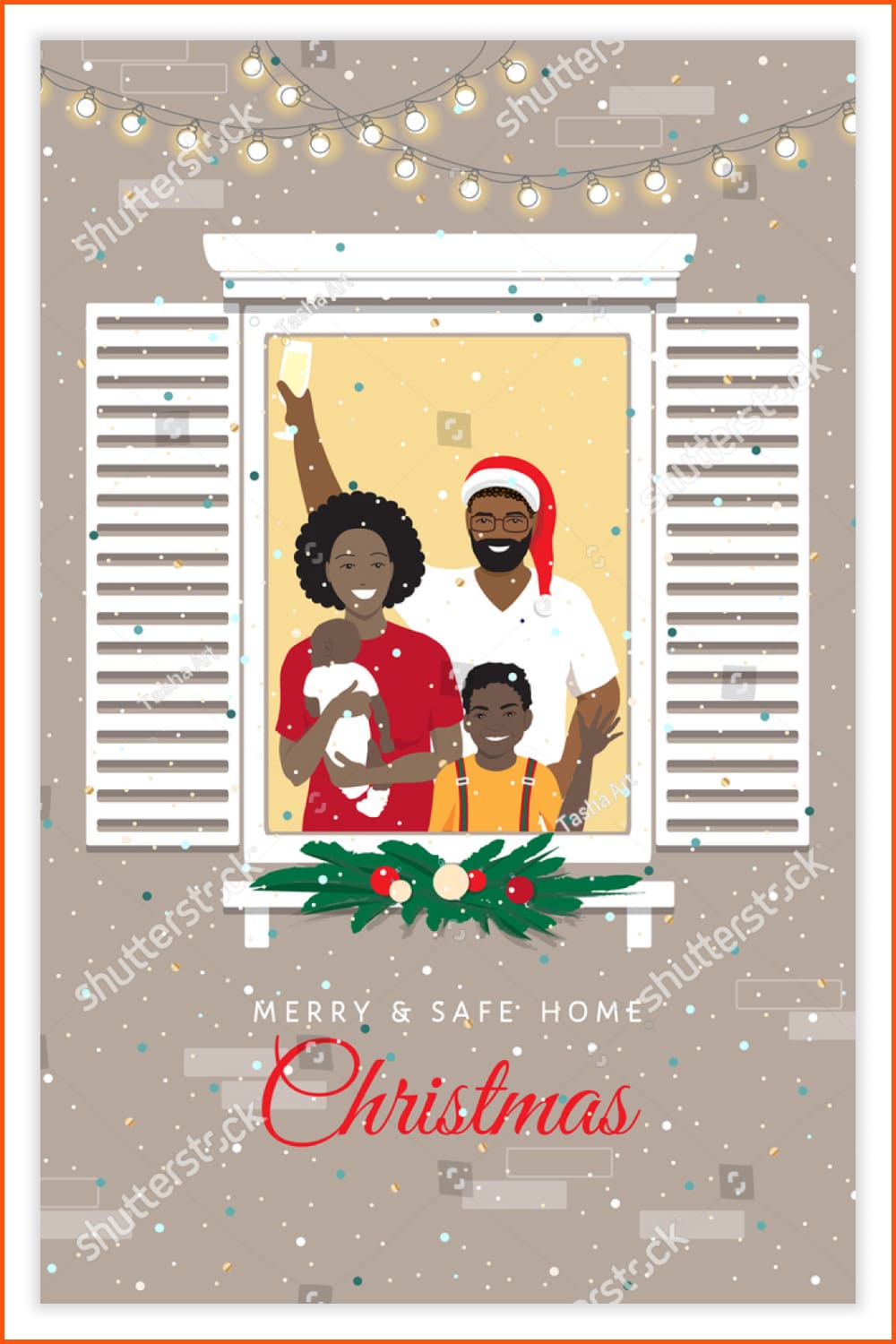 A happy cheerful African American family of parents and young children at a window.
