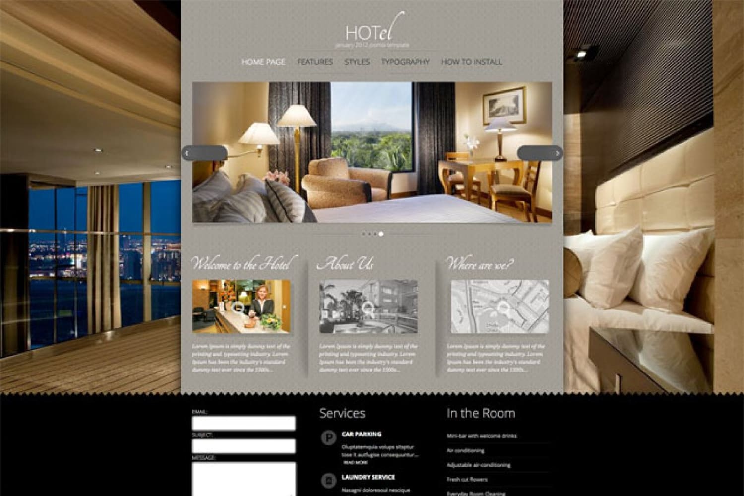 Home page of the hotel website with photos of the room and balcony in the background and a description of the hotel in front.