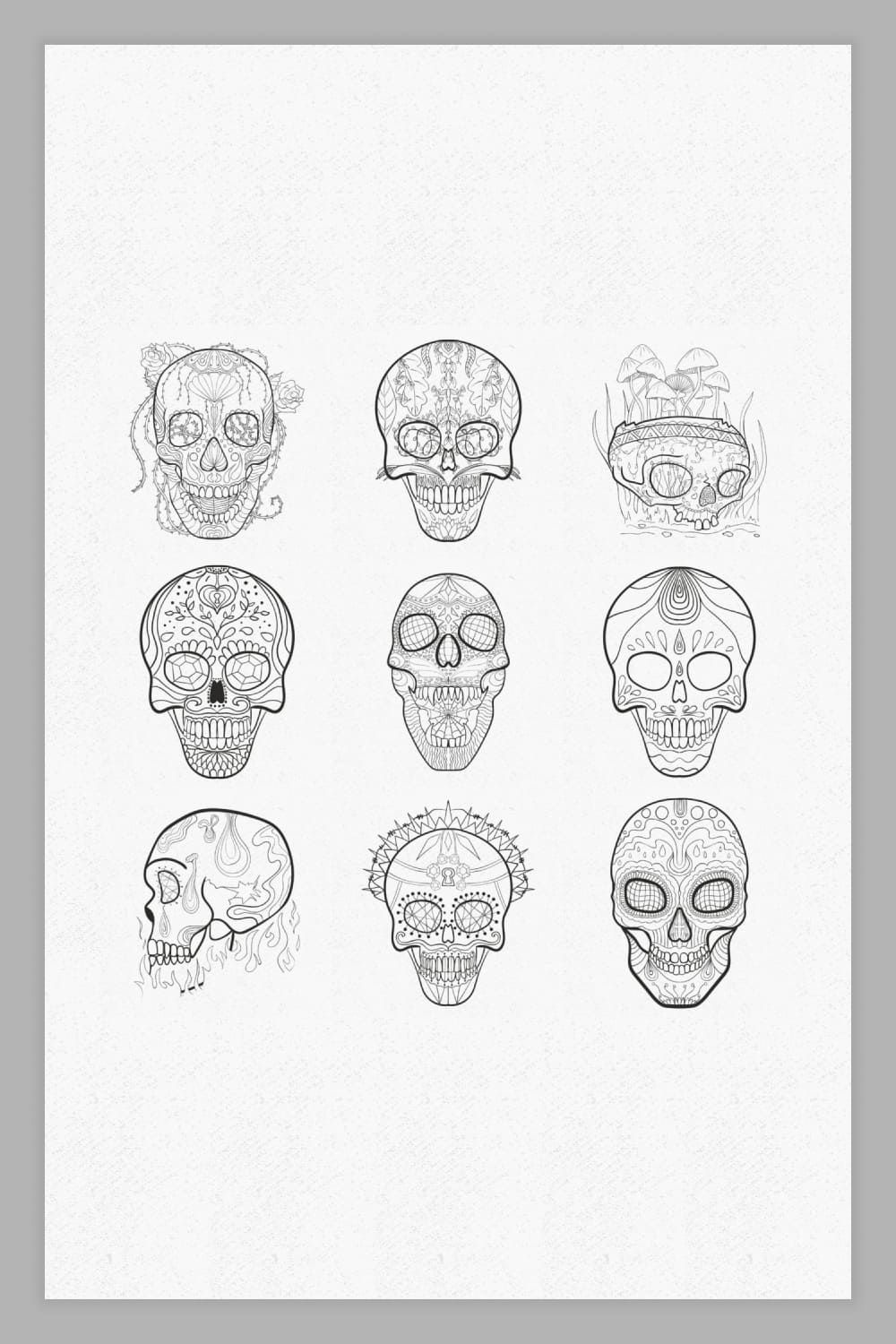 Collage of nine variants of sugar skulls.