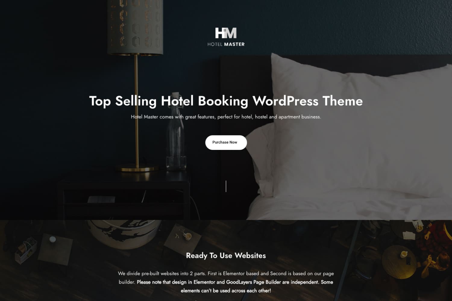 Hotel website homepage with room photo, short text and white button.