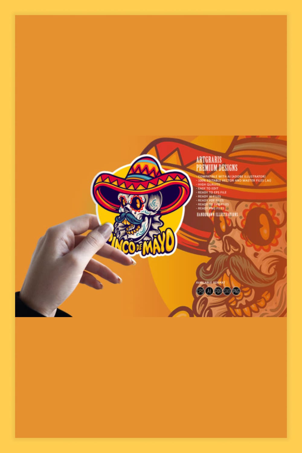 Sticker with mexican skull in sombrero.