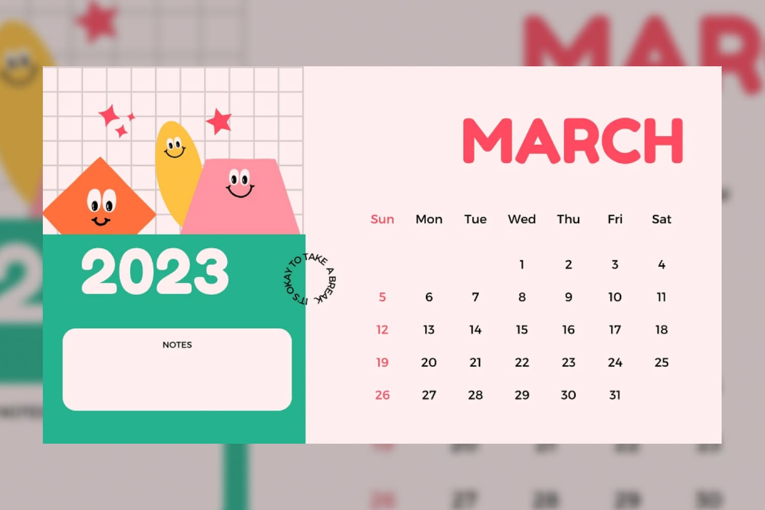March calendar with fun design and a colorful illustration in pink and green tones.