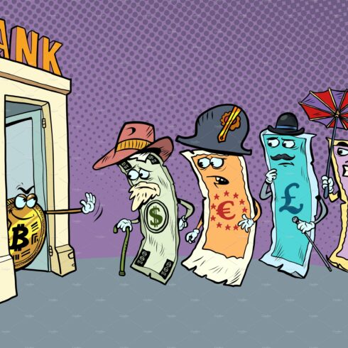A group of cartoon characters standing in front of a bank.