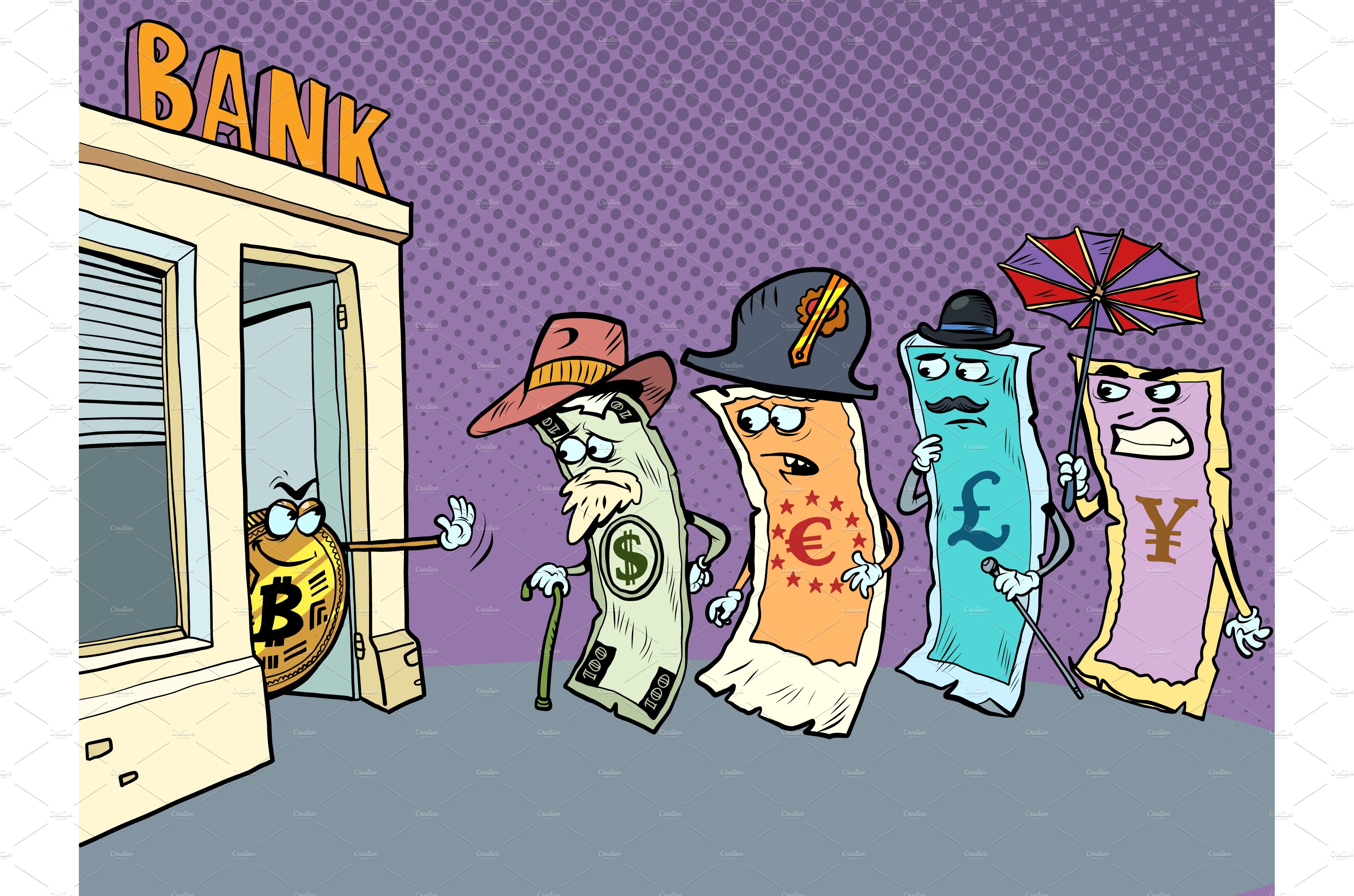 A group of cartoon characters standing in front of a bank.