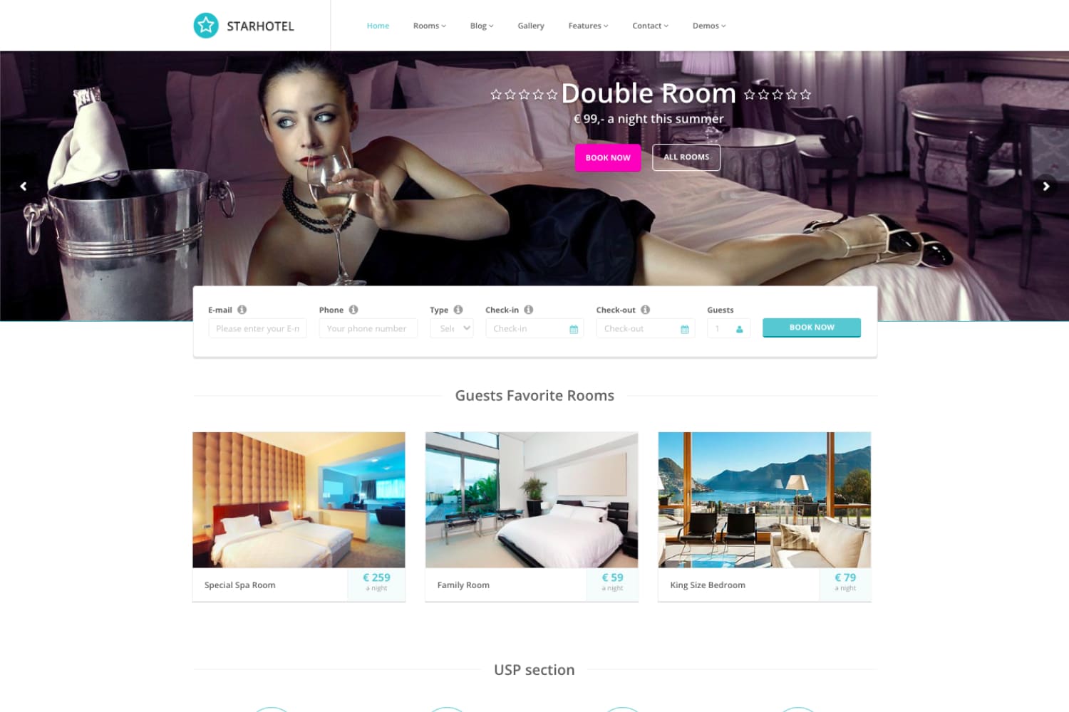 The main page of the hotel website with a photo of a girl on a bed in a slider and a block of photos of rooms.