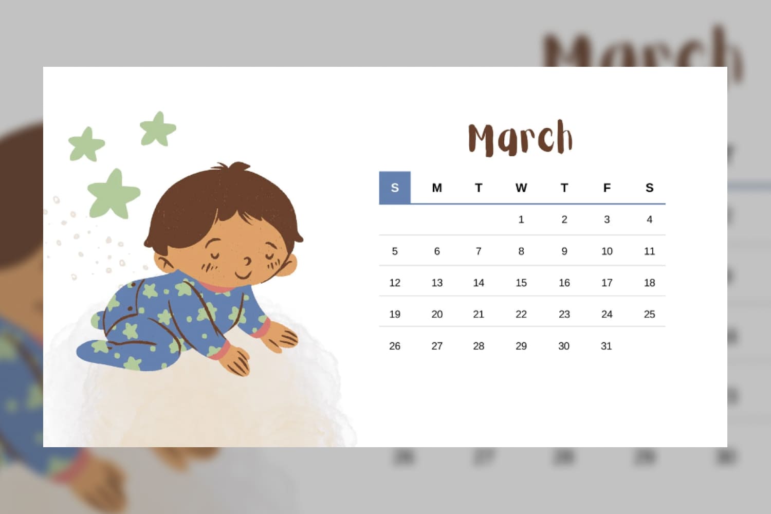 March calendar with minimalistic style and cute and colorful illustrations of a boy with stars.