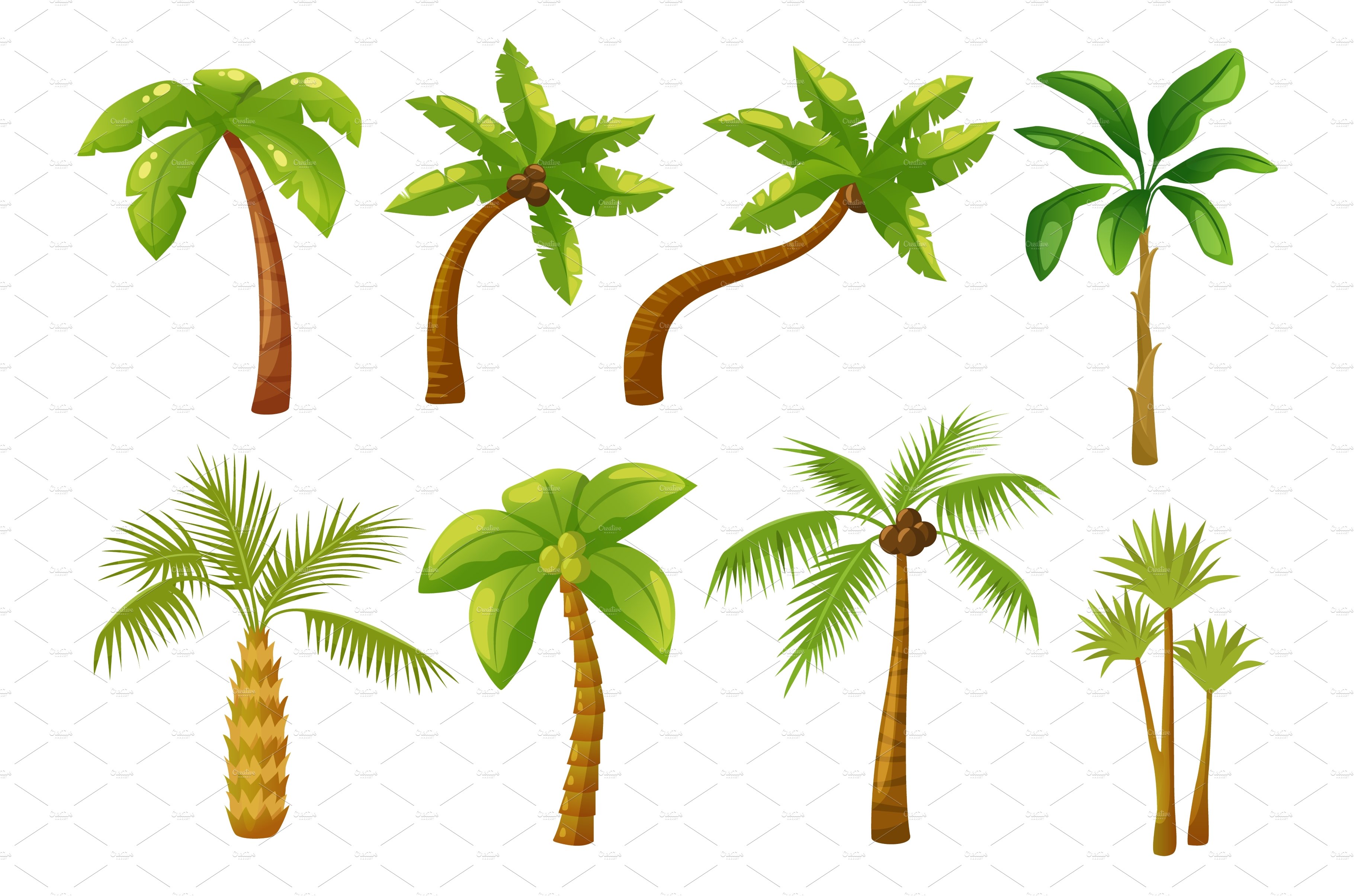 Set of palm trees with green leaves.