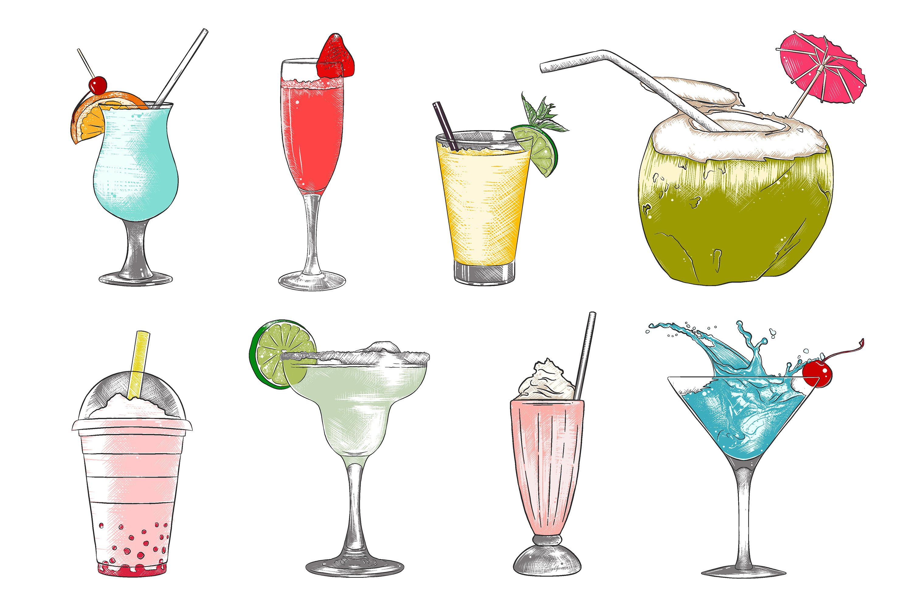 A drawing of a variety of drinks.