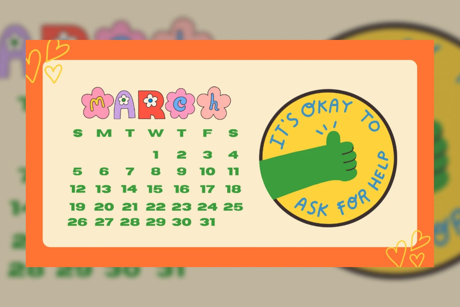 Bright colored calendar for March with yellow circle and green hand.