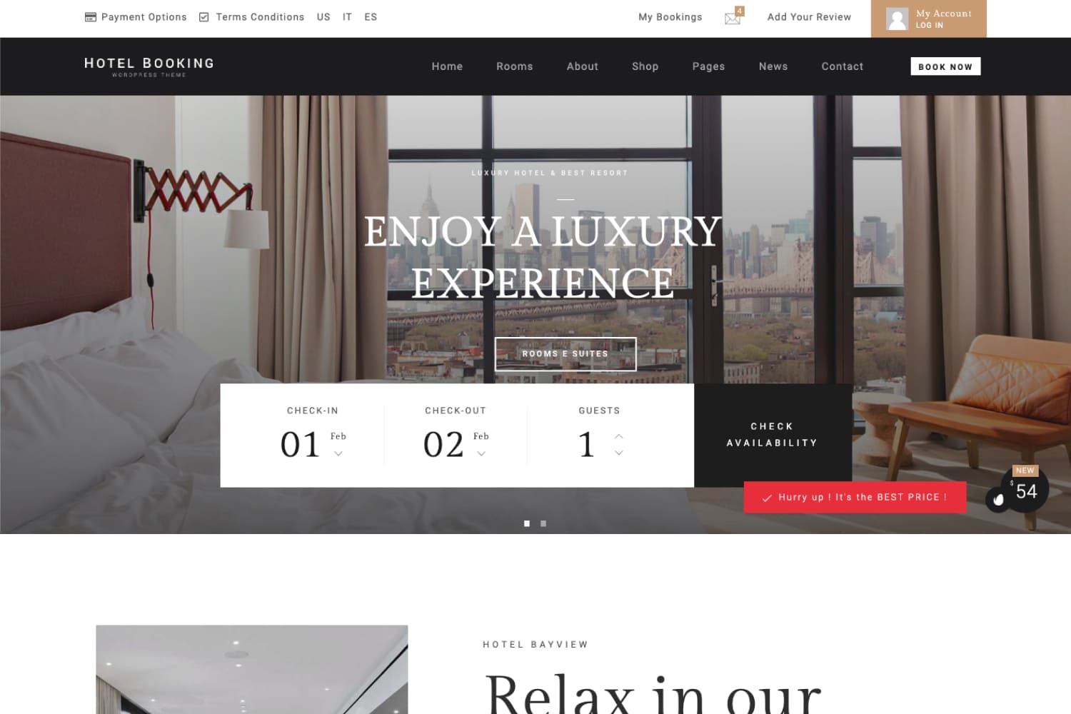 The main page of the hotel website with a photo of the room and the panorama from the window and a large booking block.