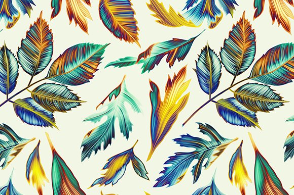Pattern of colorful leaves on a white background.