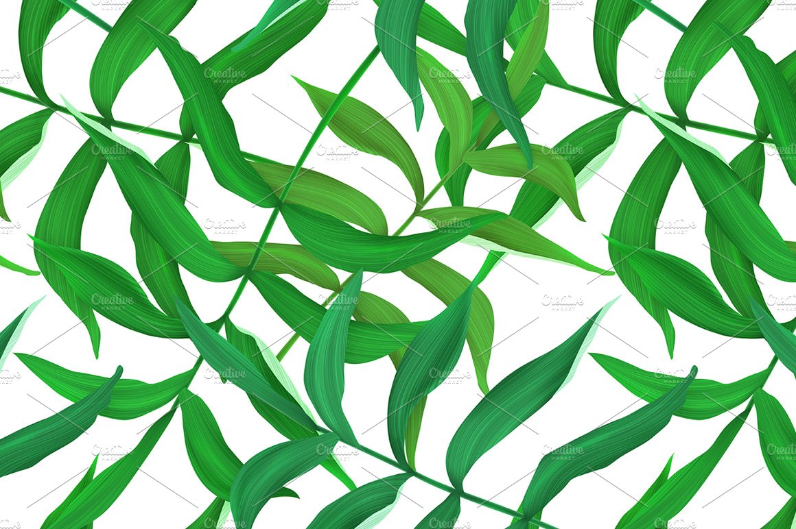 Pattern of green leaves on a white background.