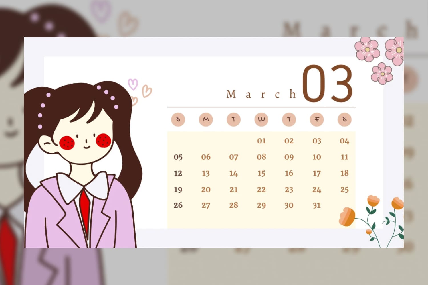 Calendar for March with a picture of a girl with pigtails and a pink jacket.