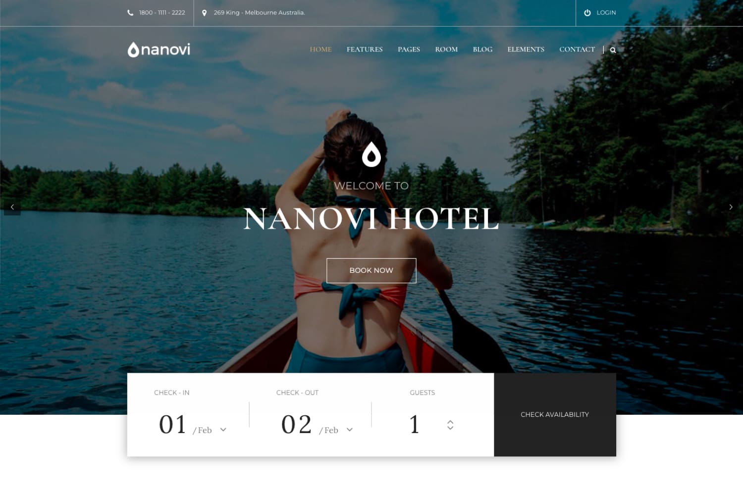Hotel website front page with photo of a girl in a canoe on the lake and a booking block.
