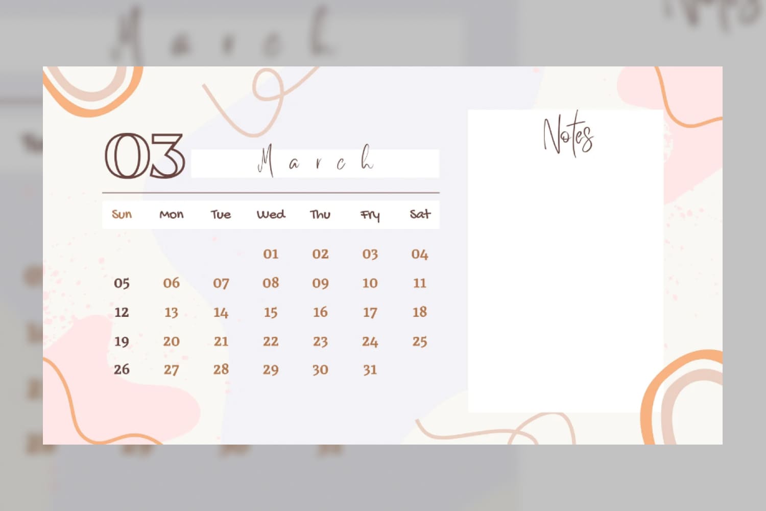 March calendar with modern and minimal design in pink, brown, and white tones.