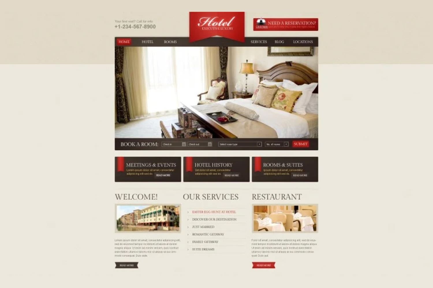 The main page of the hotel website with a photo of the room, service blocks and a restaurant.
