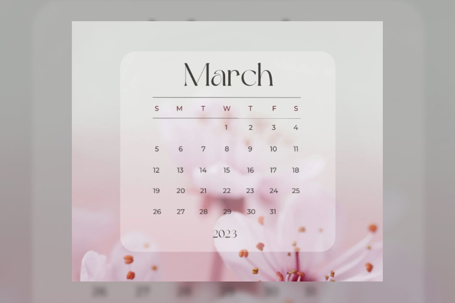 March calendar with a delicate pink and gray color palette with a minimalist layout.