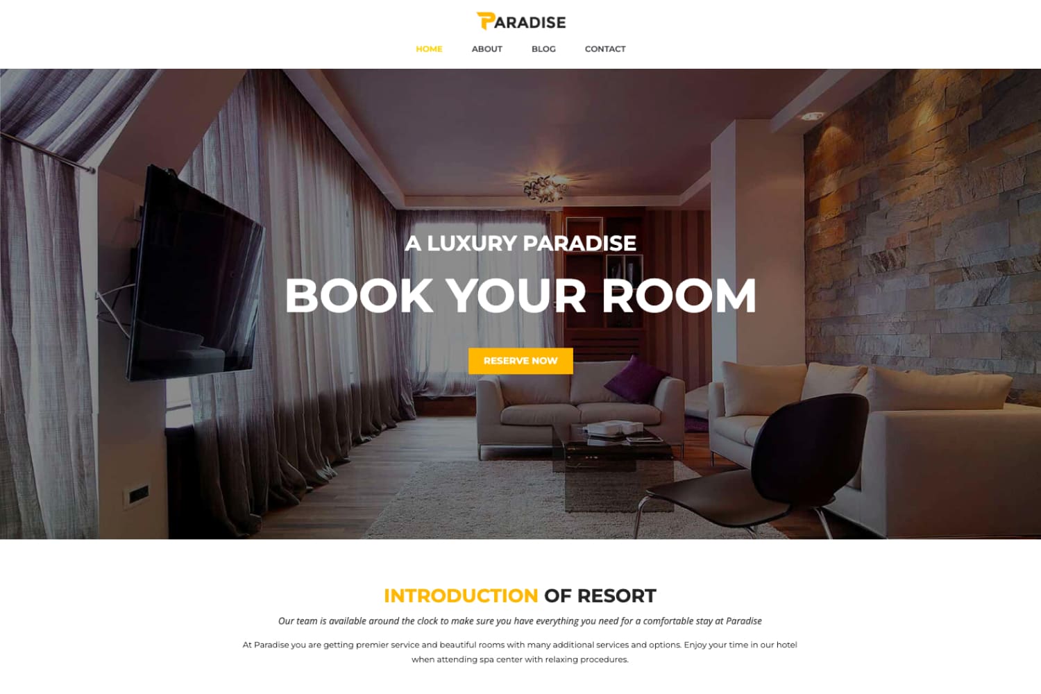 Homepage of the hotel website with a photo of the room and a big call to action.
