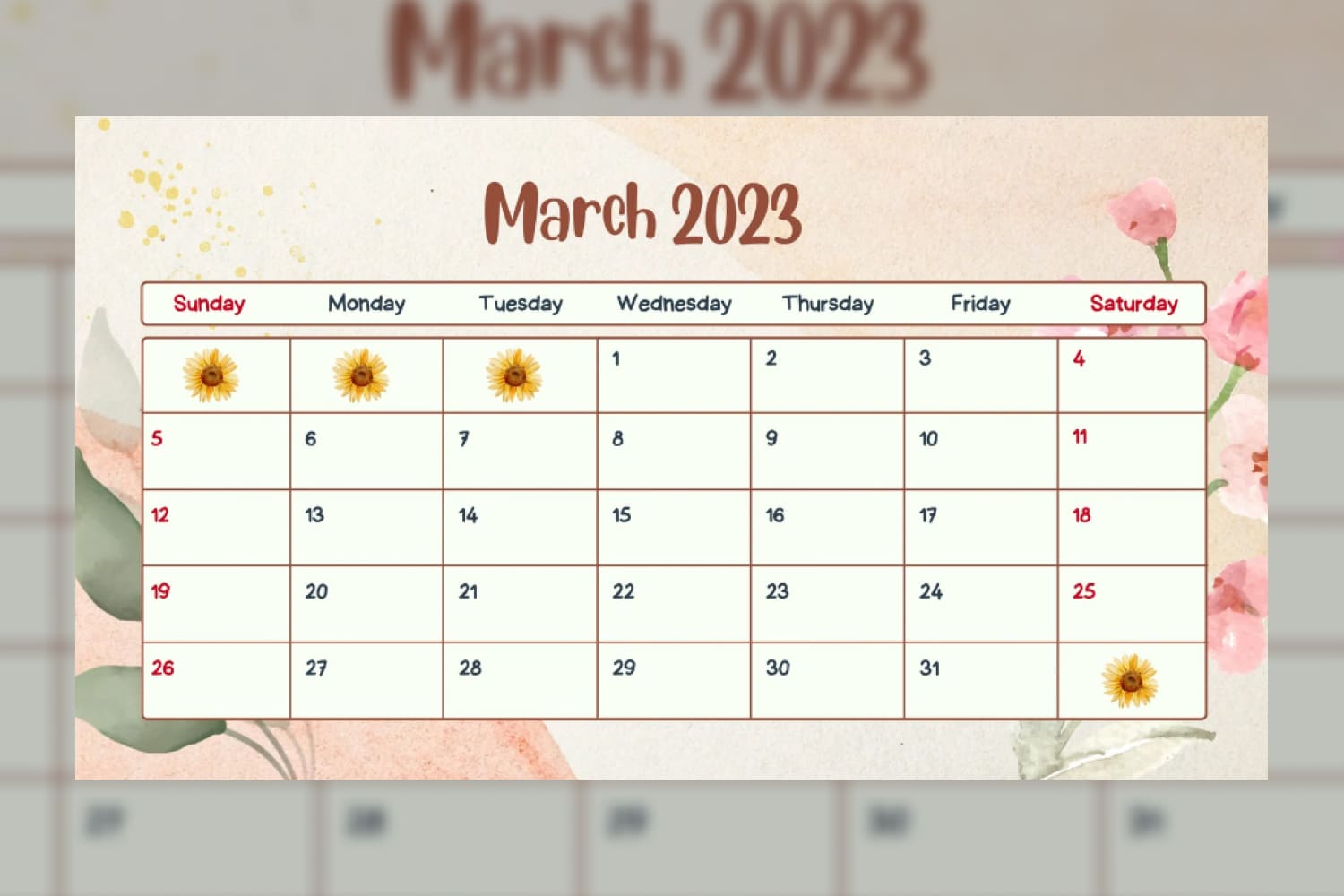 March calendar in a light grayish-orange color palette.