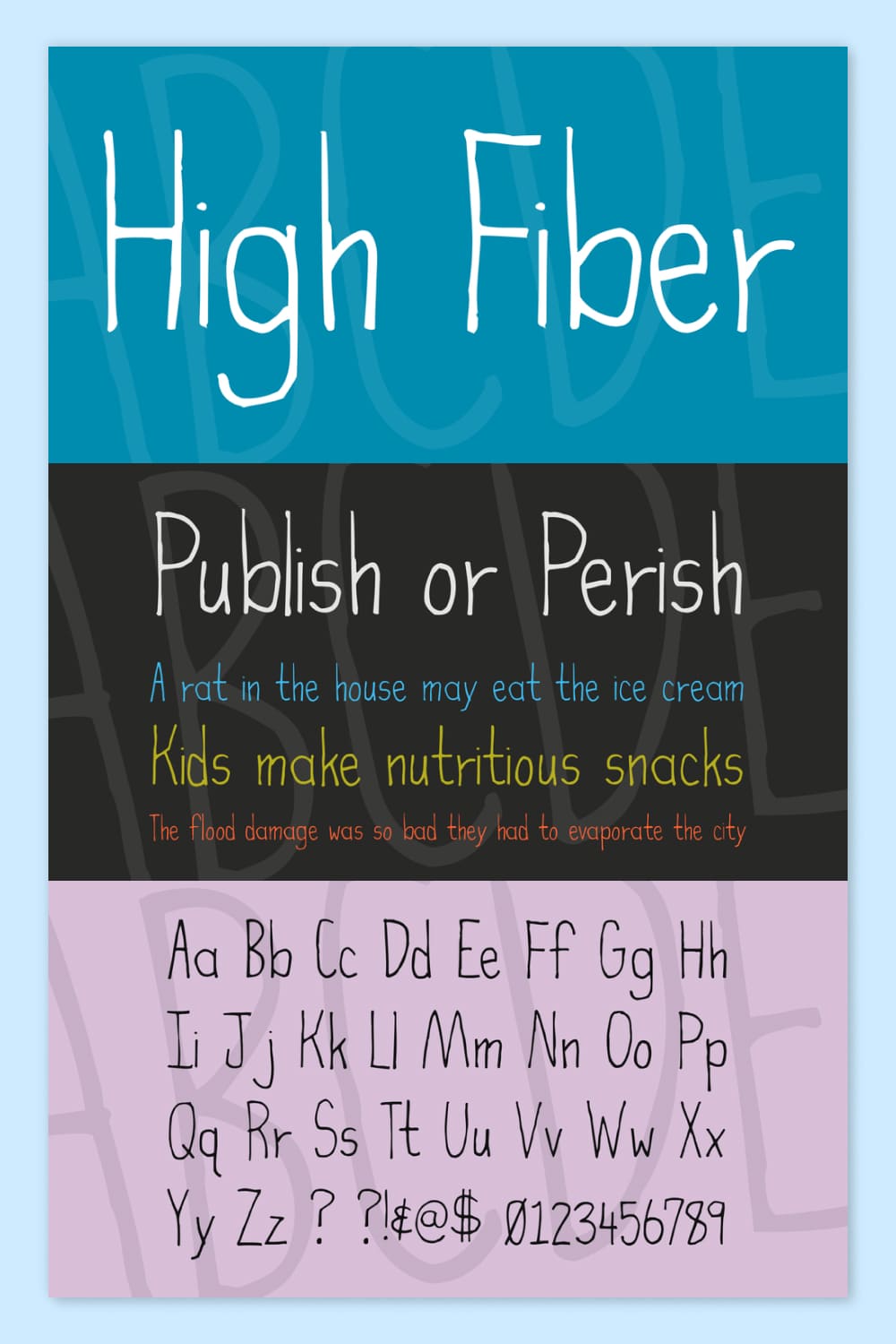 High Fiber Font example on blue, black and pink background.