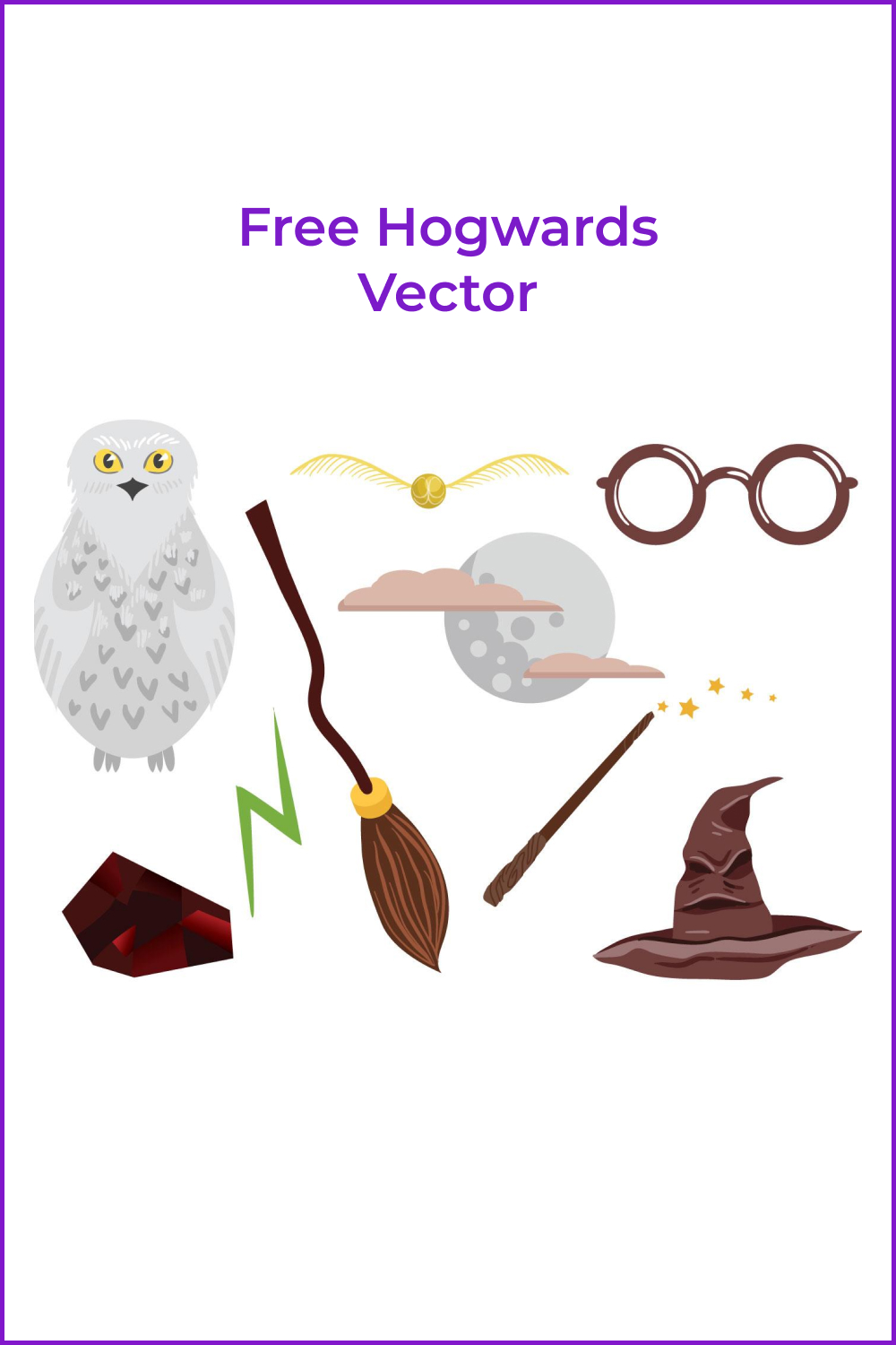 Collage of images of an owl, a hat, a broom, a magic wand, glasses.