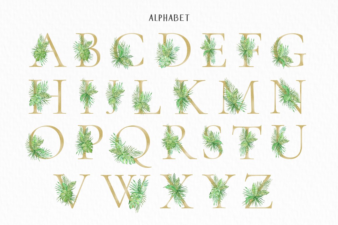 Set of letters and numbers with green leaves.