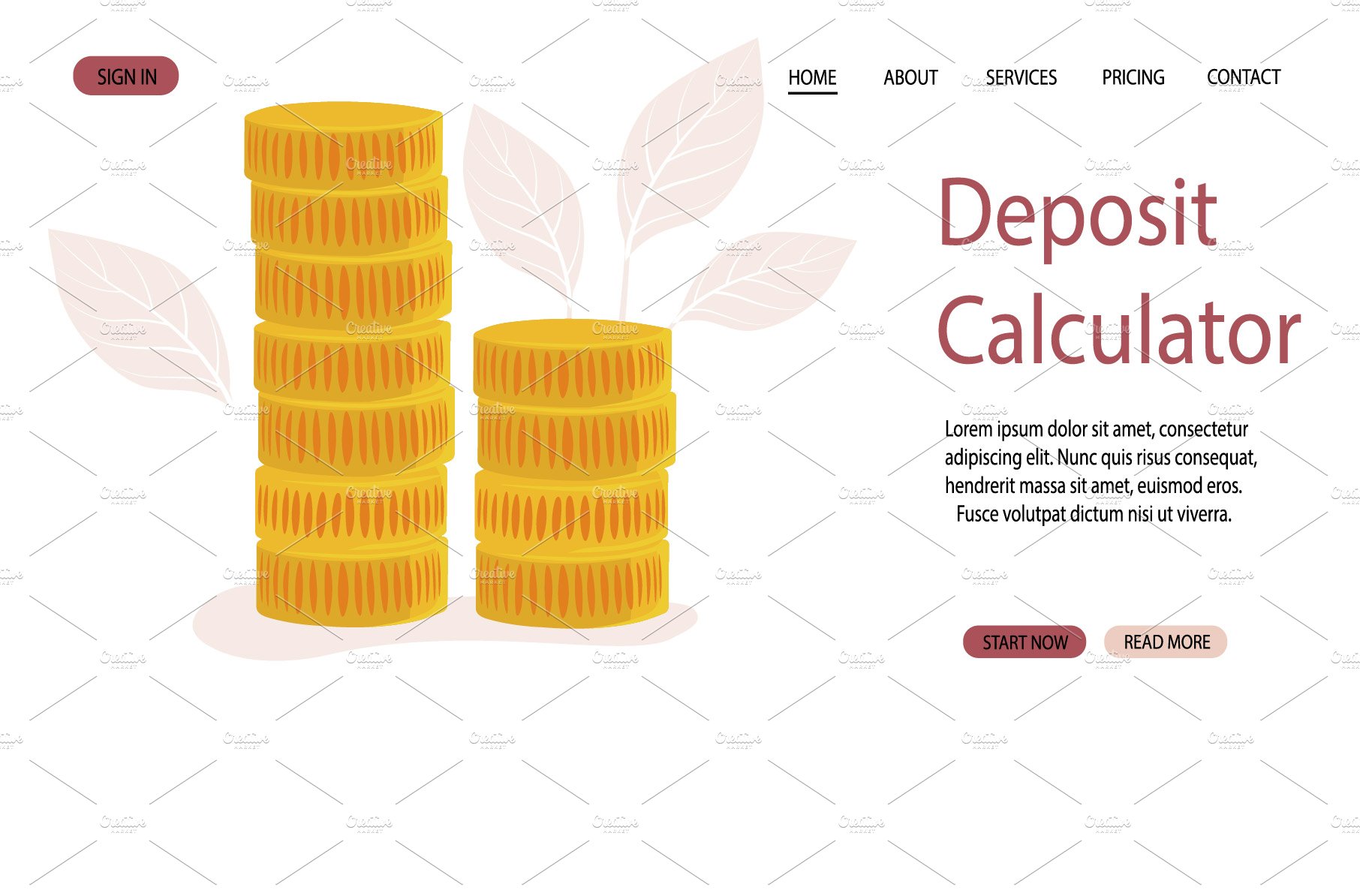 A stack of coins with the words deposit calculator on it.