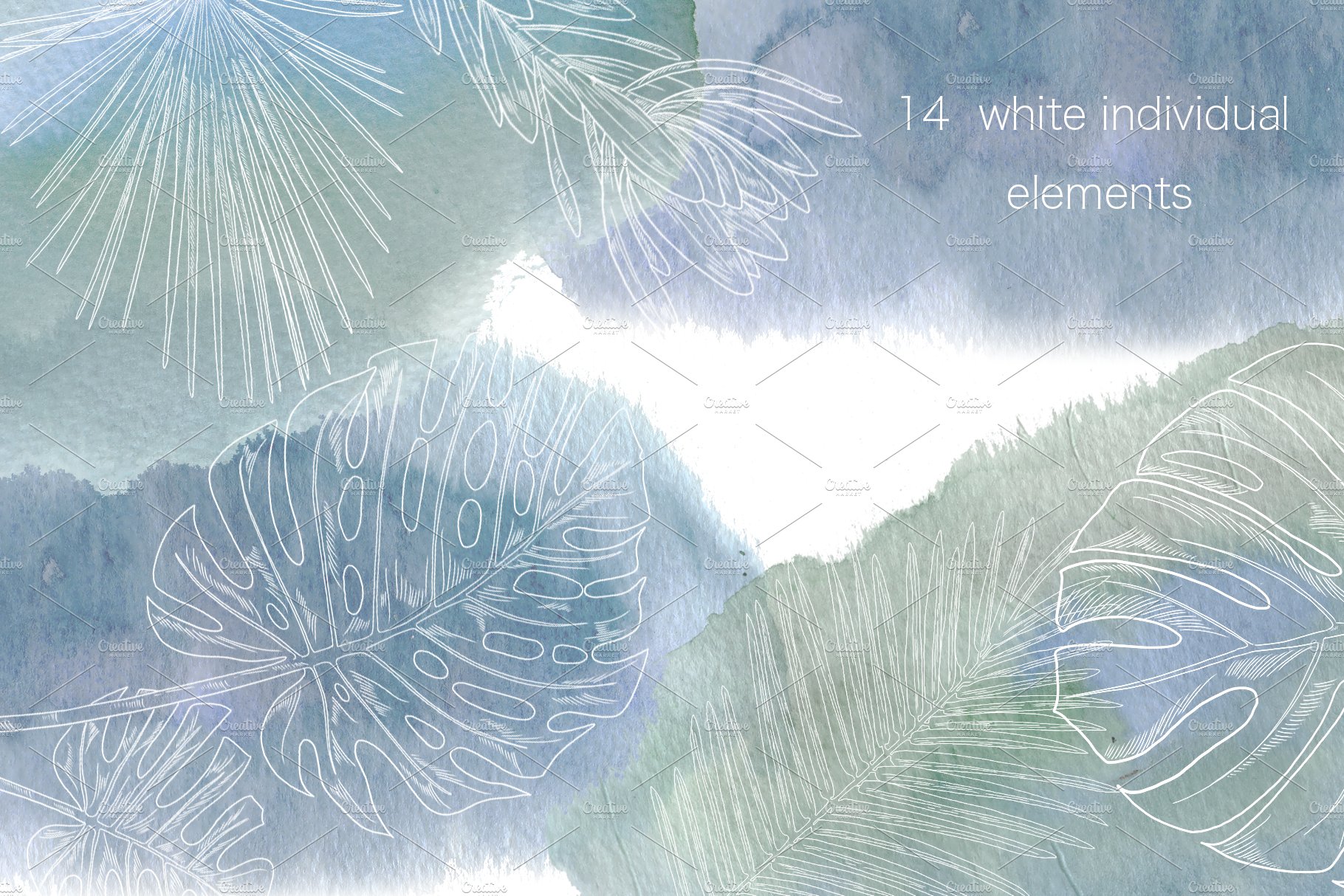 Watercolor painting of leaves with the words white individual elements.