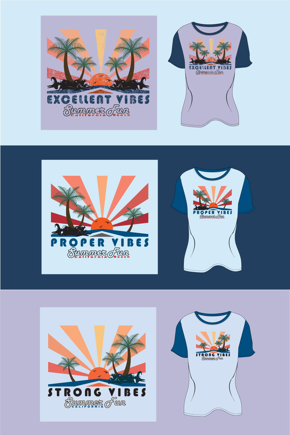 PROPER VIBES, STRONG VIBES, Excellent VIBES Summer Fun California Beach palm tree sun vector bird new vintage Grunge effect t- shirt Design bundle pinterest preview image.