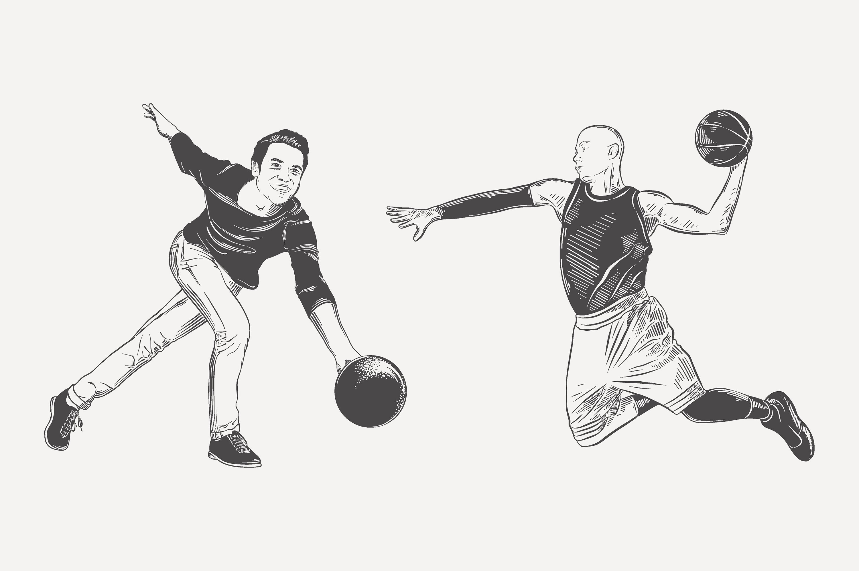 Drawing of two men playing basketball.