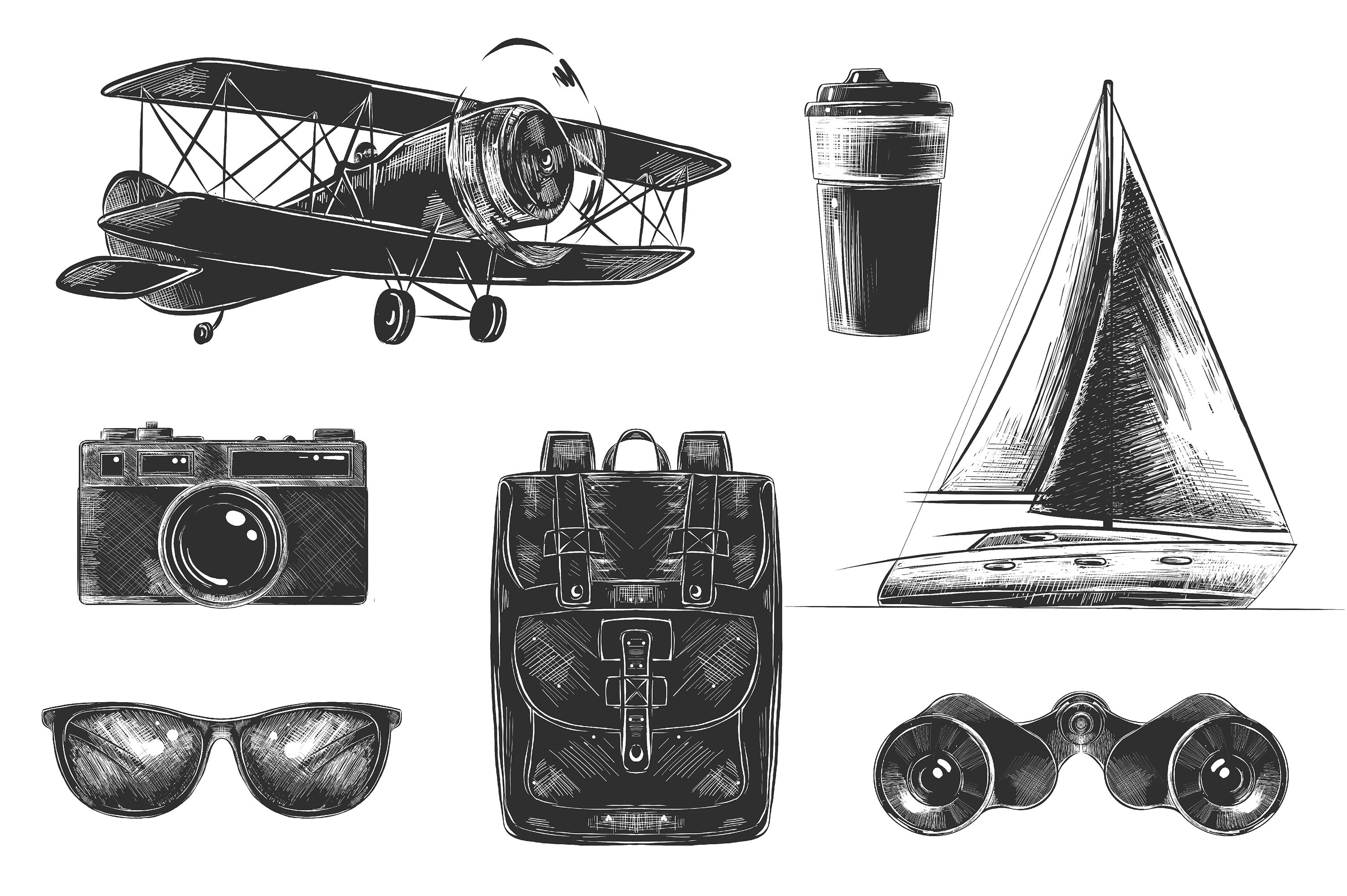 Black and white drawing of a set of objects.