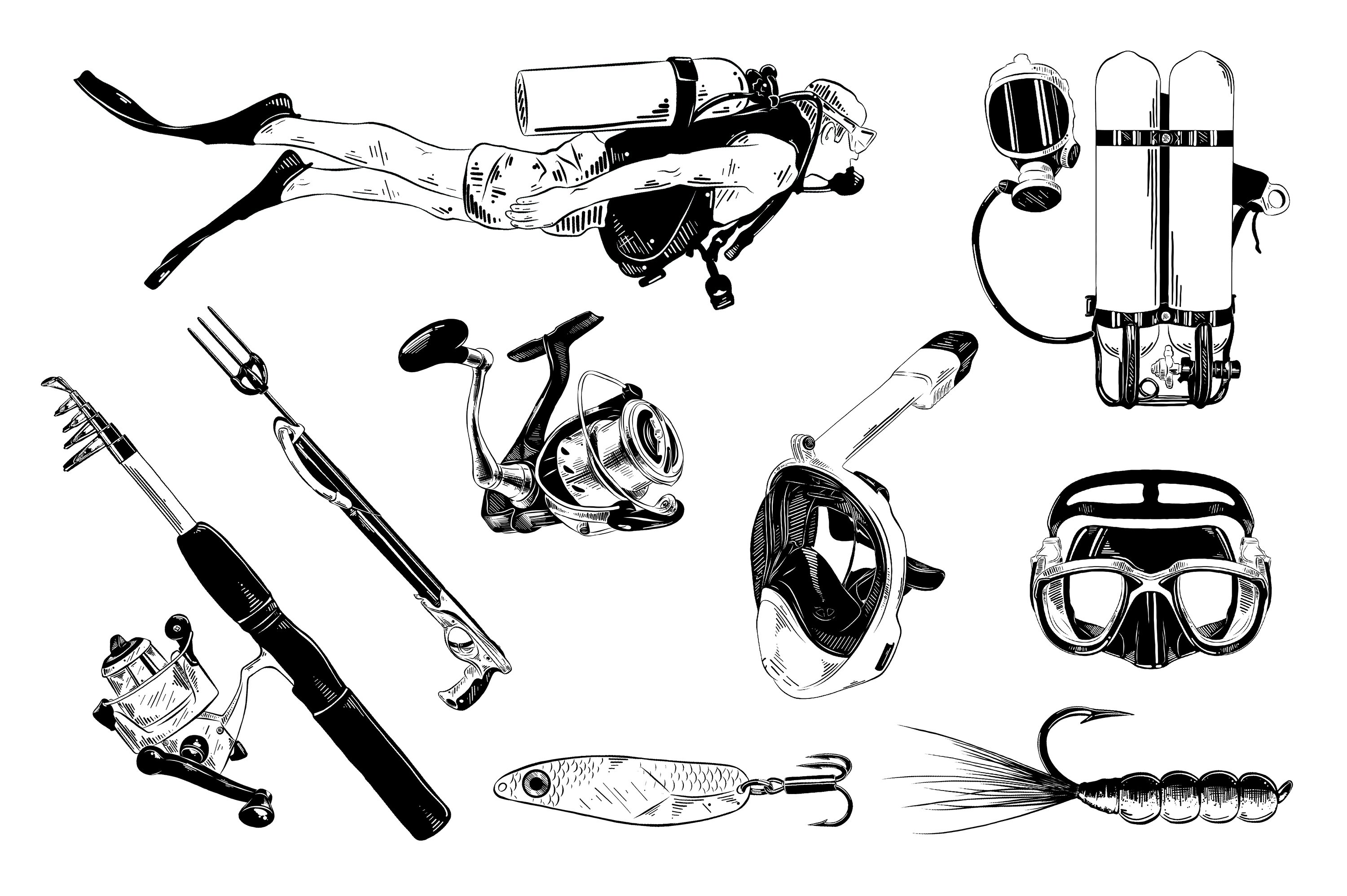 Black and white drawing of different types of fishing equipment.