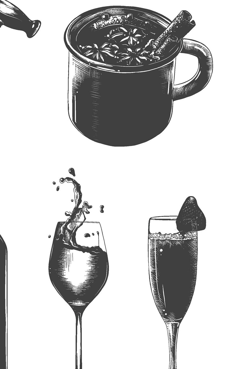 Black and white drawing of wine glasses.