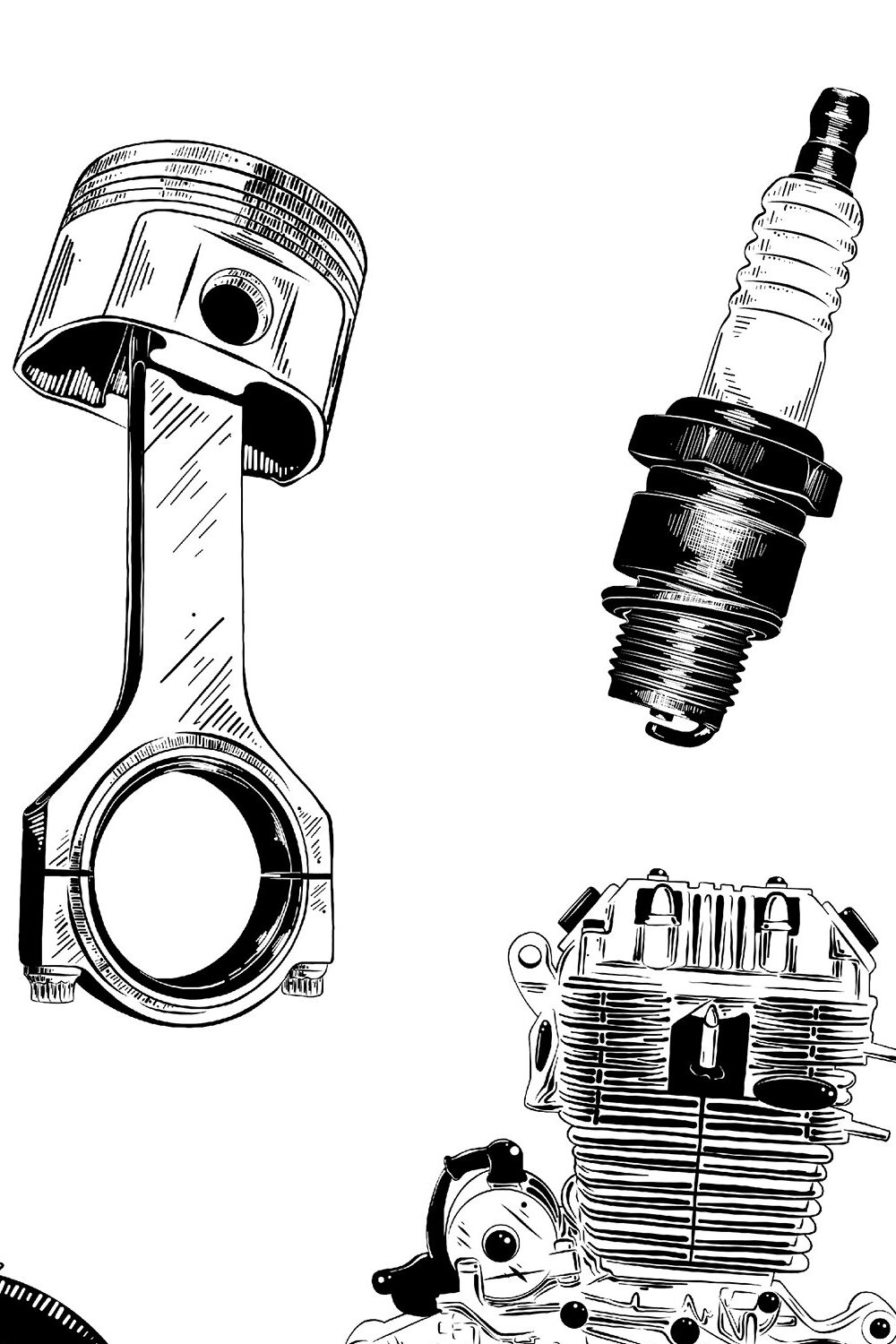 Black and white drawing of a motorcycle engine.