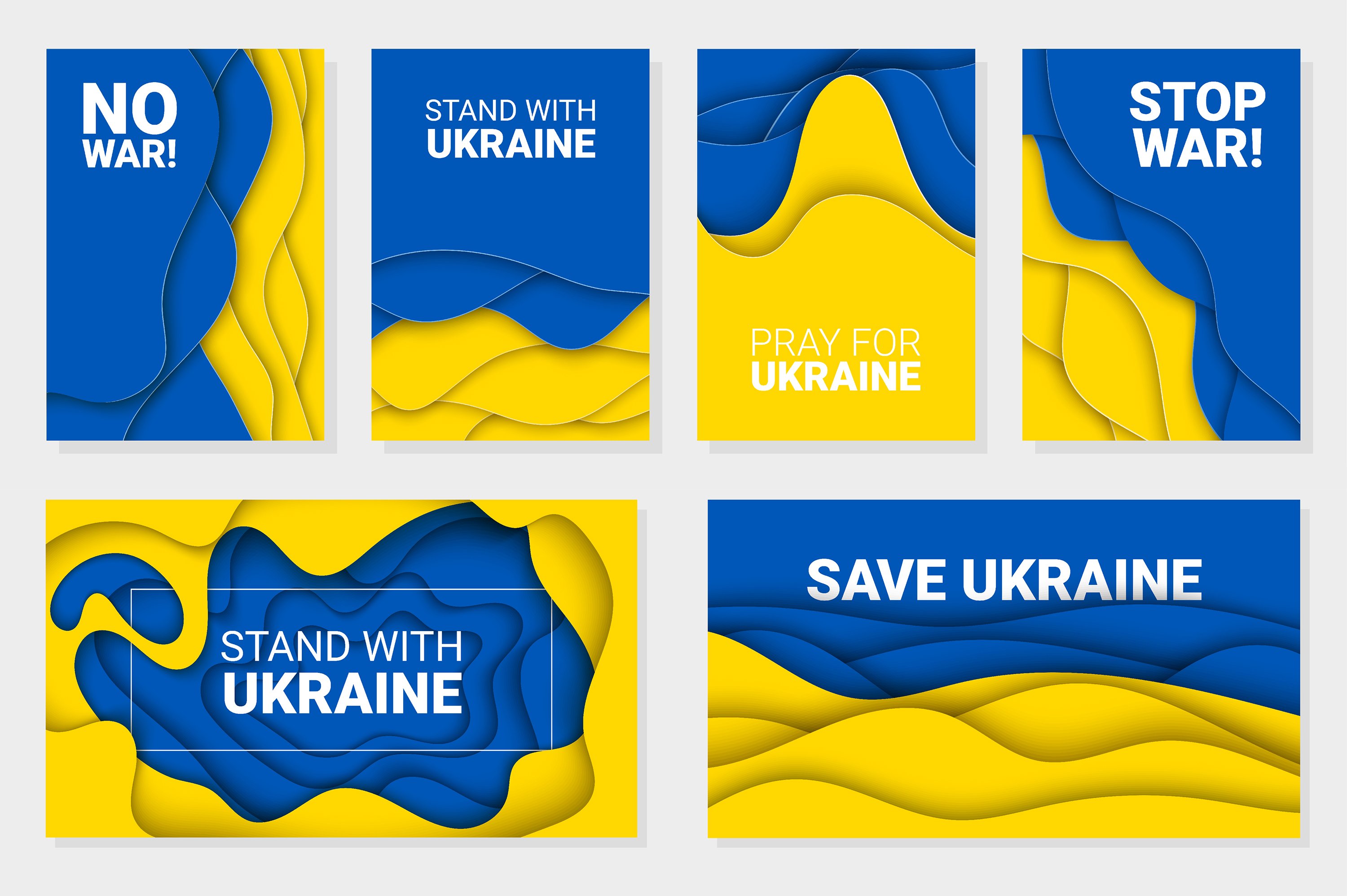 Set of four posters with a blue and yellow background.