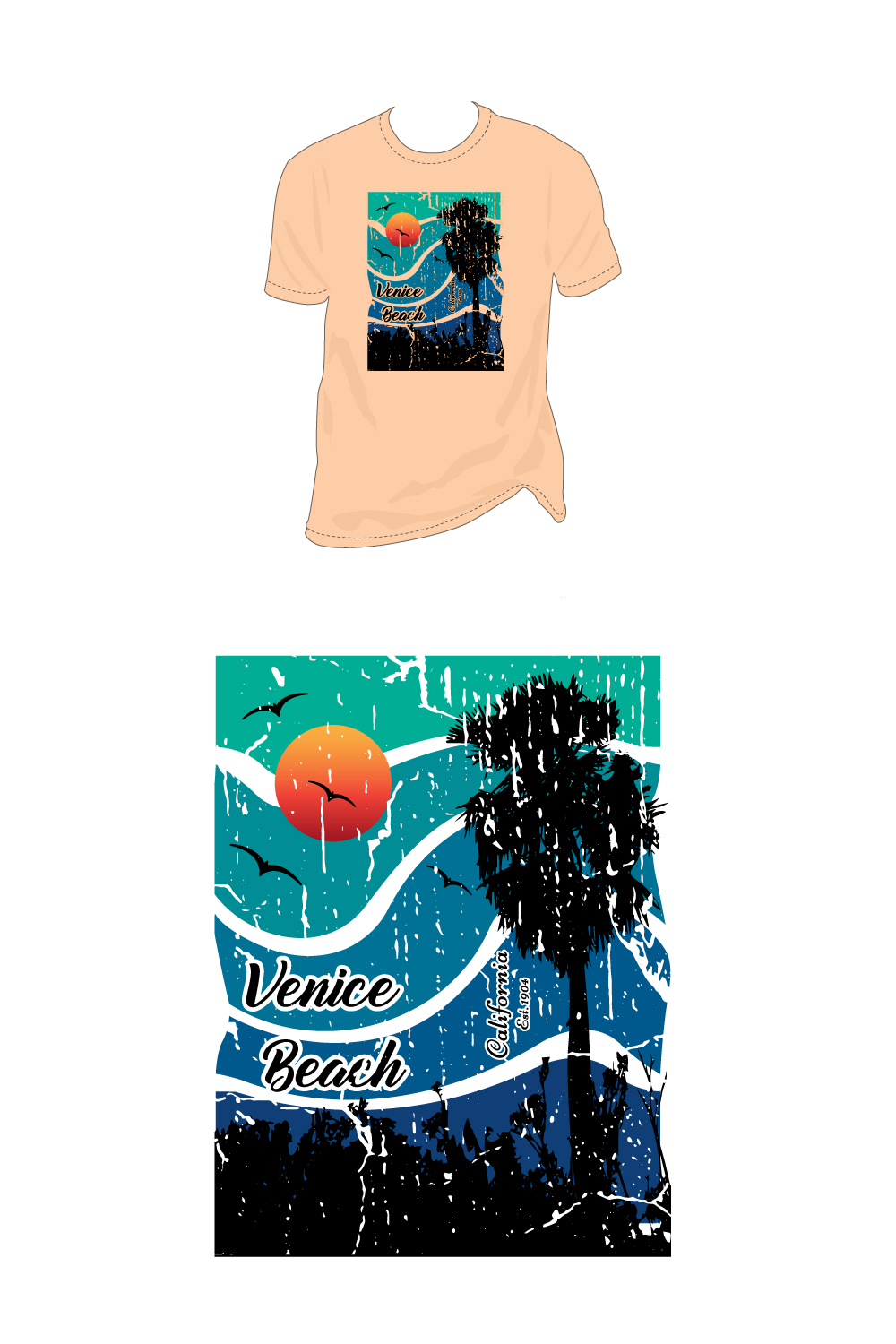 Venice beach, California, surfing boat, palm tree shirt design, print design, summer fashion grunge effect, pinterest preview image.