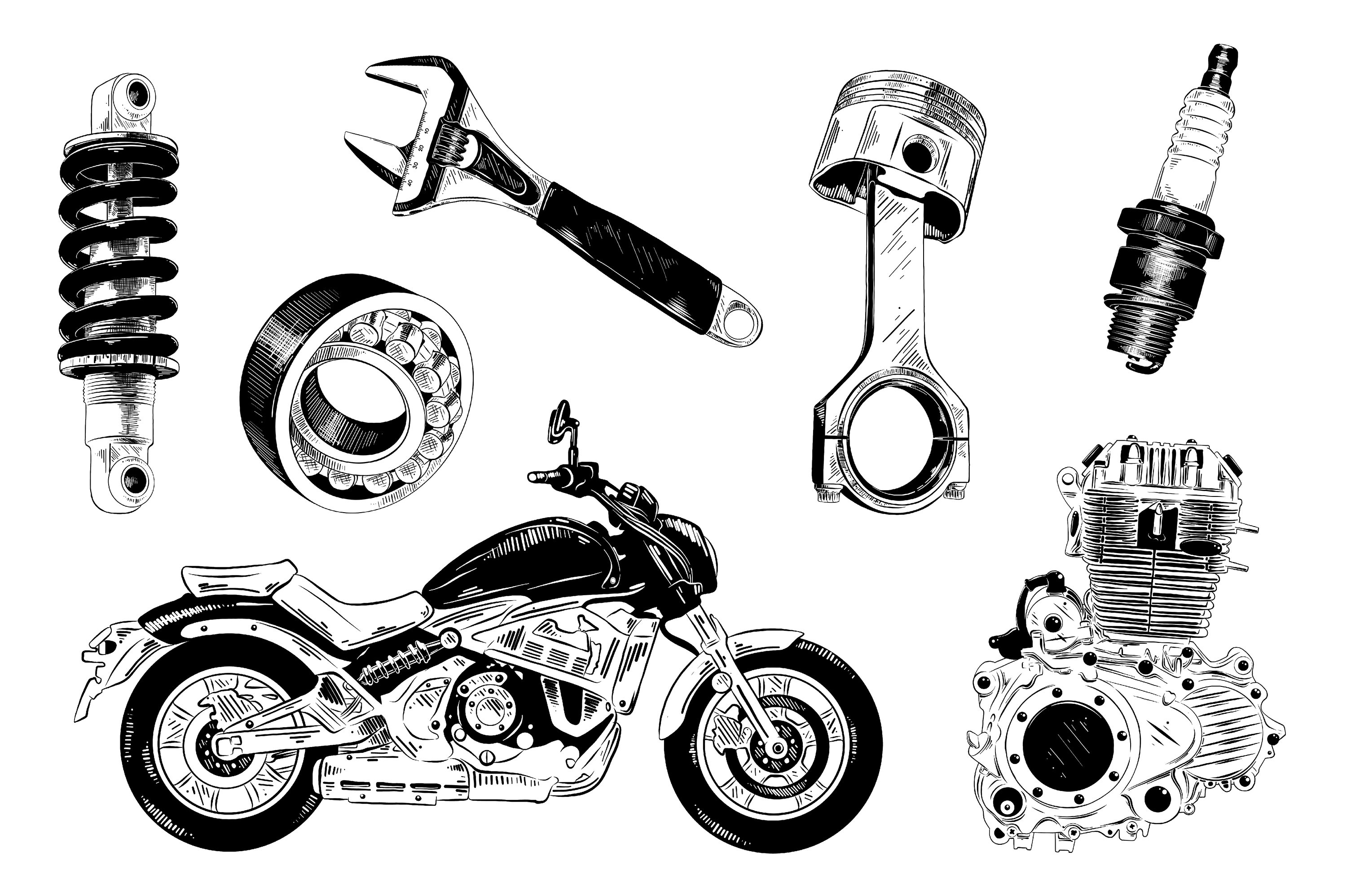 Black and white drawing of a motorcycle.