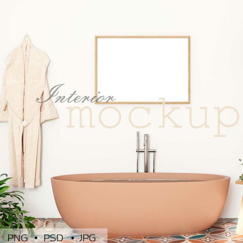 Mockup frame in bathroon, Boho mockup, Interior mockup, Digital files PSD, JPG, PNG cover image.