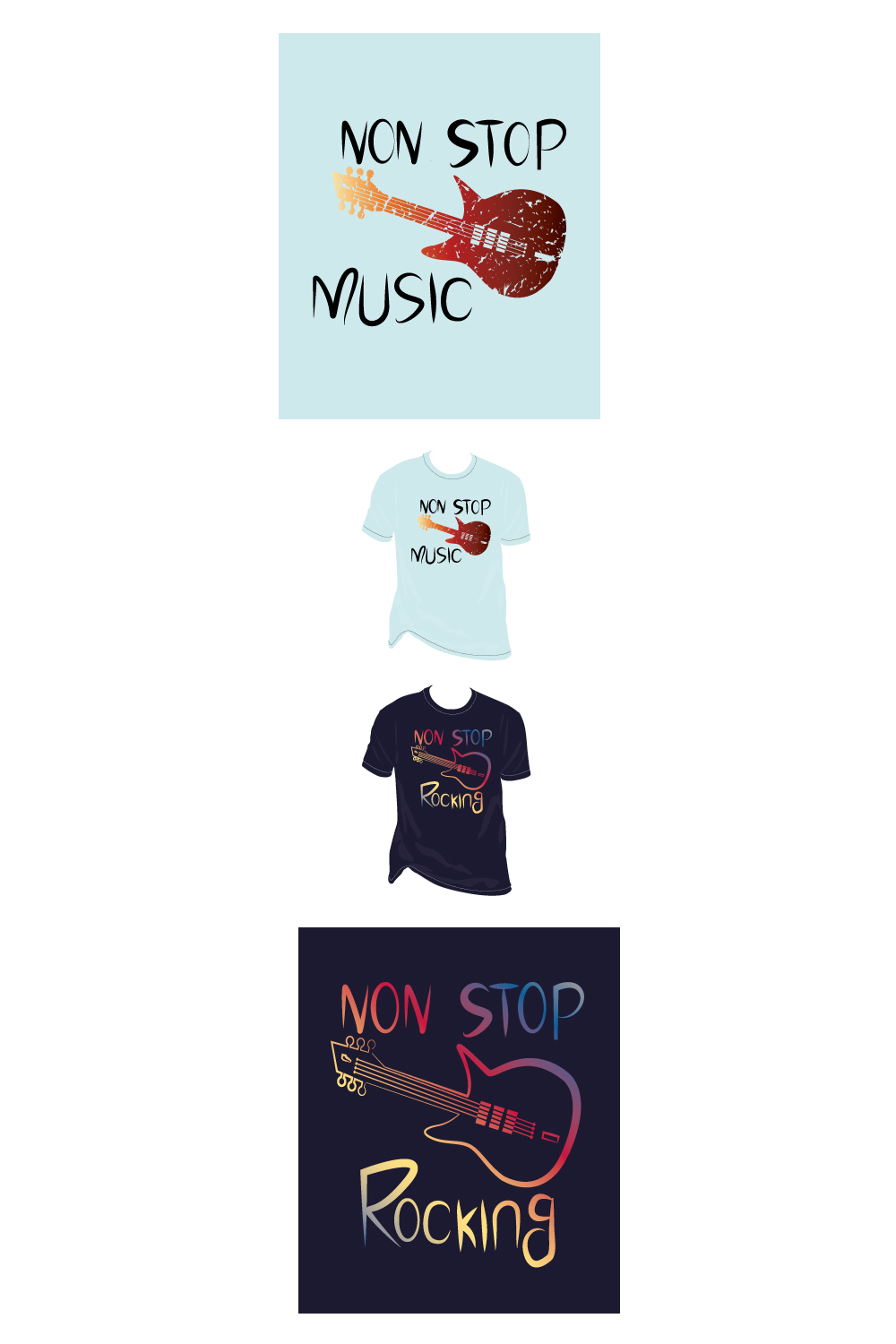 Non Stop Rocking Hand Draw Guitar Typography logotype T Shirt Design set pinterest preview image.