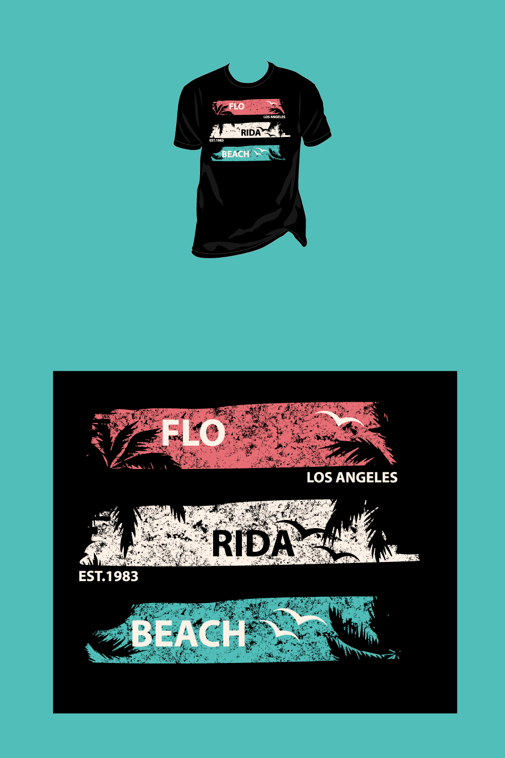 Florida Beach Los Angeles Est1983 Vintage Broken, Grunge Texture Vector T- Shirt Design pinterest preview image.