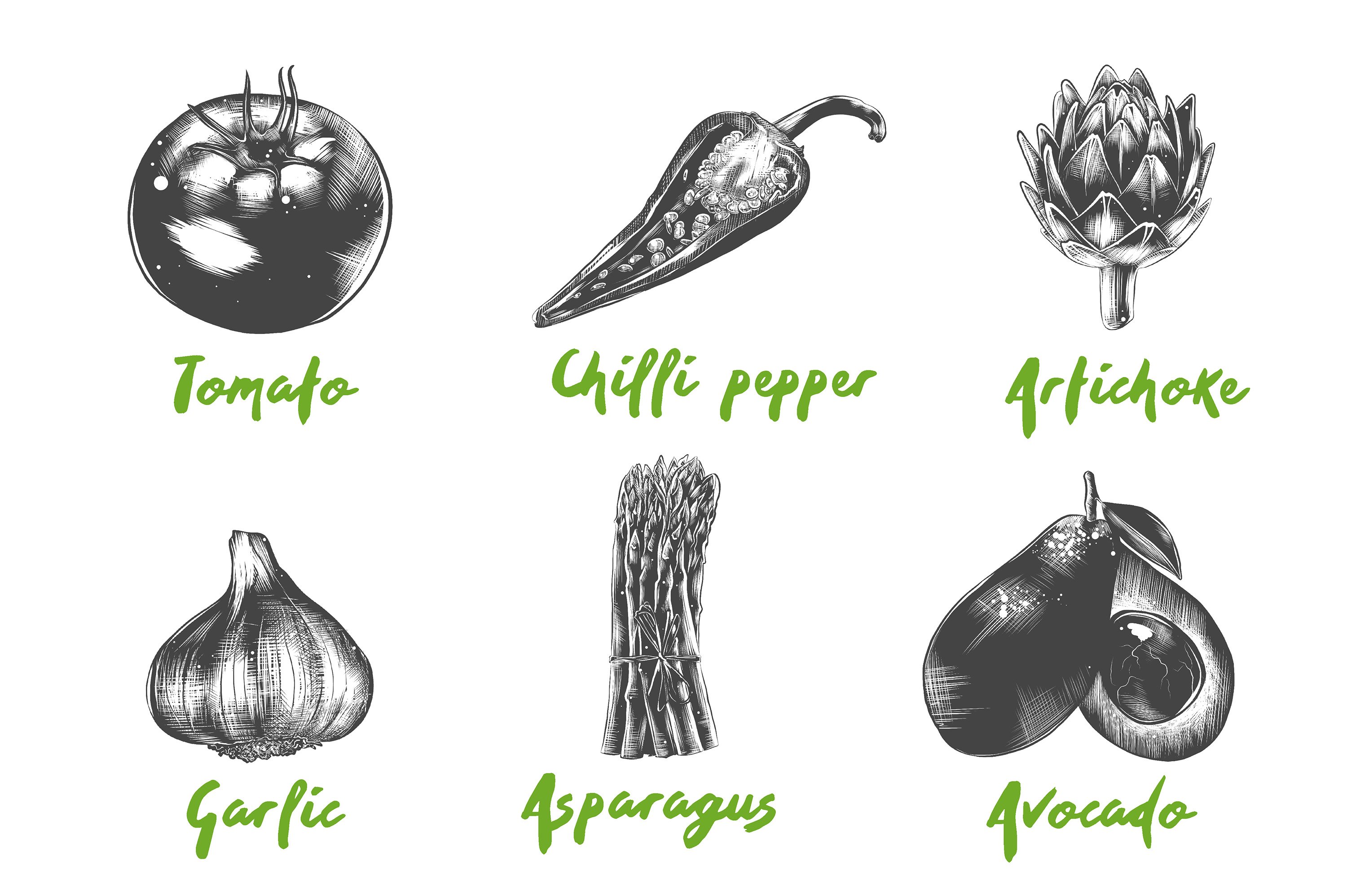 Drawing of different types of vegetables.