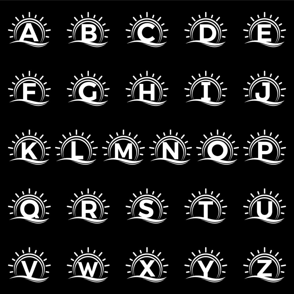 Initial A-Z monogram alphabet with abstract sun and wave. Ocean sun ...