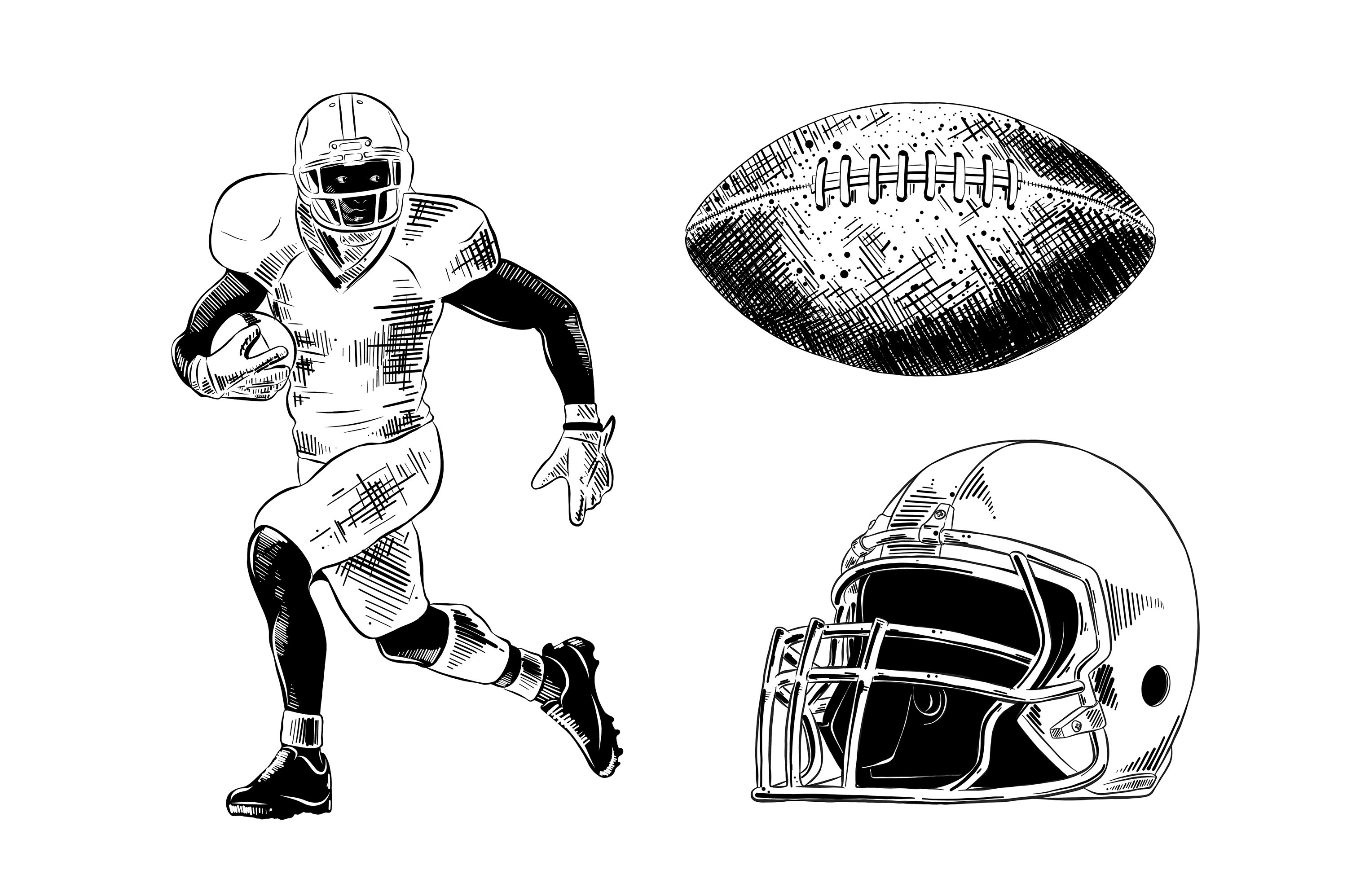 A drawing of a football player and a helmet.